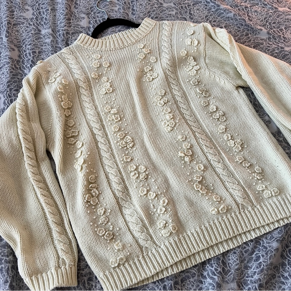 Vintage White Sweater with Floral Details